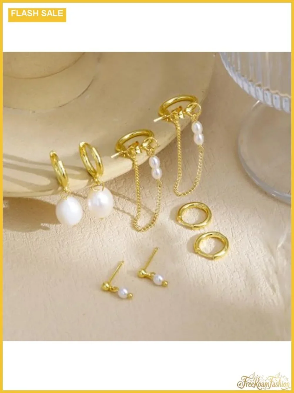 14K Gold Plated Brass Earring Stack Set Chain Hoop with Pearls